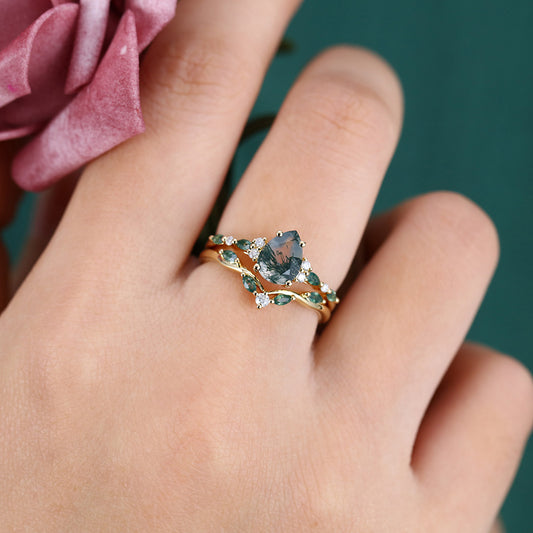 2PCS Pear Cut Moss Agate Engagement Ring Set with Cluster Accents