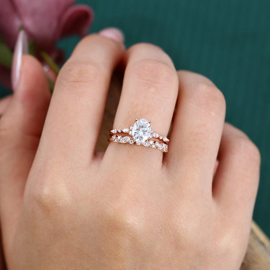 1.3CT Oval Cut Moissanite Engagement Ring Set Half Eternity 2PCS Bridal Ring Set