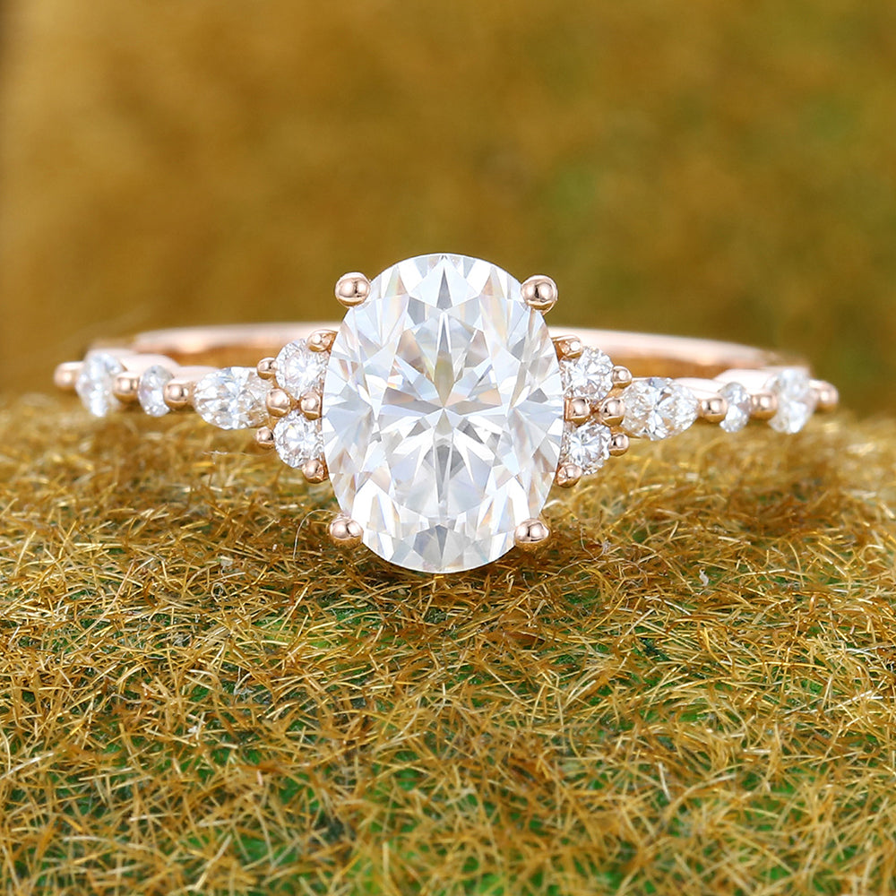 1.3CT Oval Cut Moissanite Engagement Ring with Cluster Accents