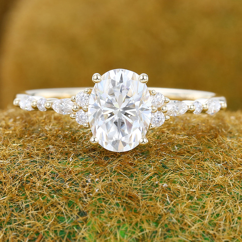 1.3CT Oval Cut Moissanite Engagement Ring with Cluster Accents