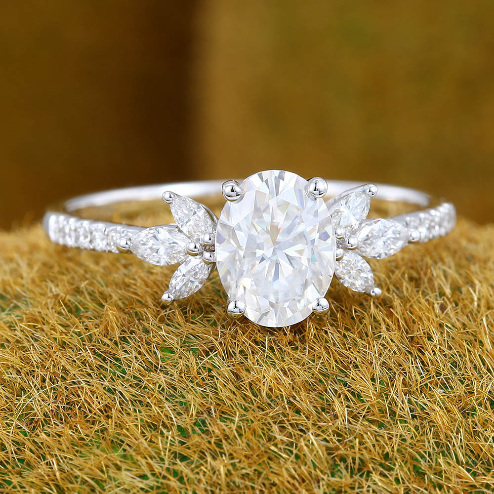 1.3CT Oval Cut Moissanite Engagement Ring with Marquise Cluster & Half Eternity Pavé Band