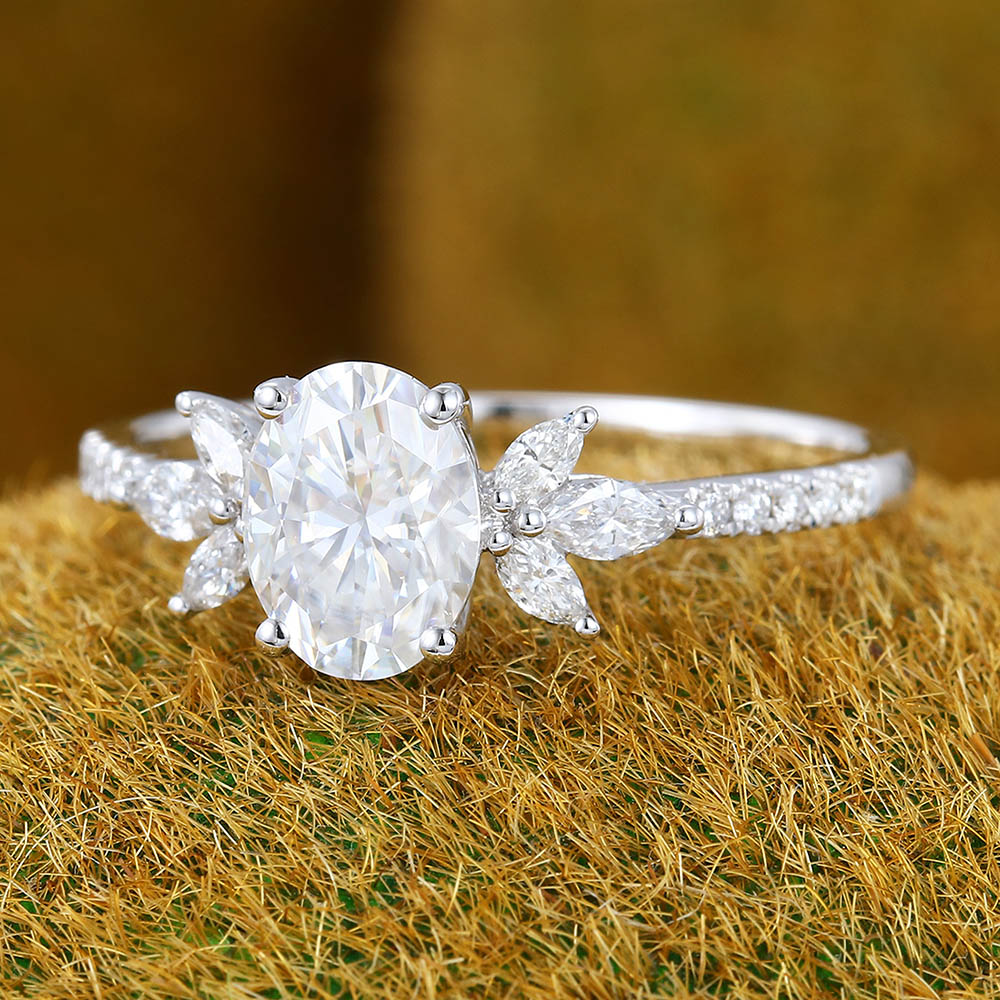 1.3CT Oval Cut Moissanite Engagement Ring with Marquise Cluster & Half Eternity Pavé Band