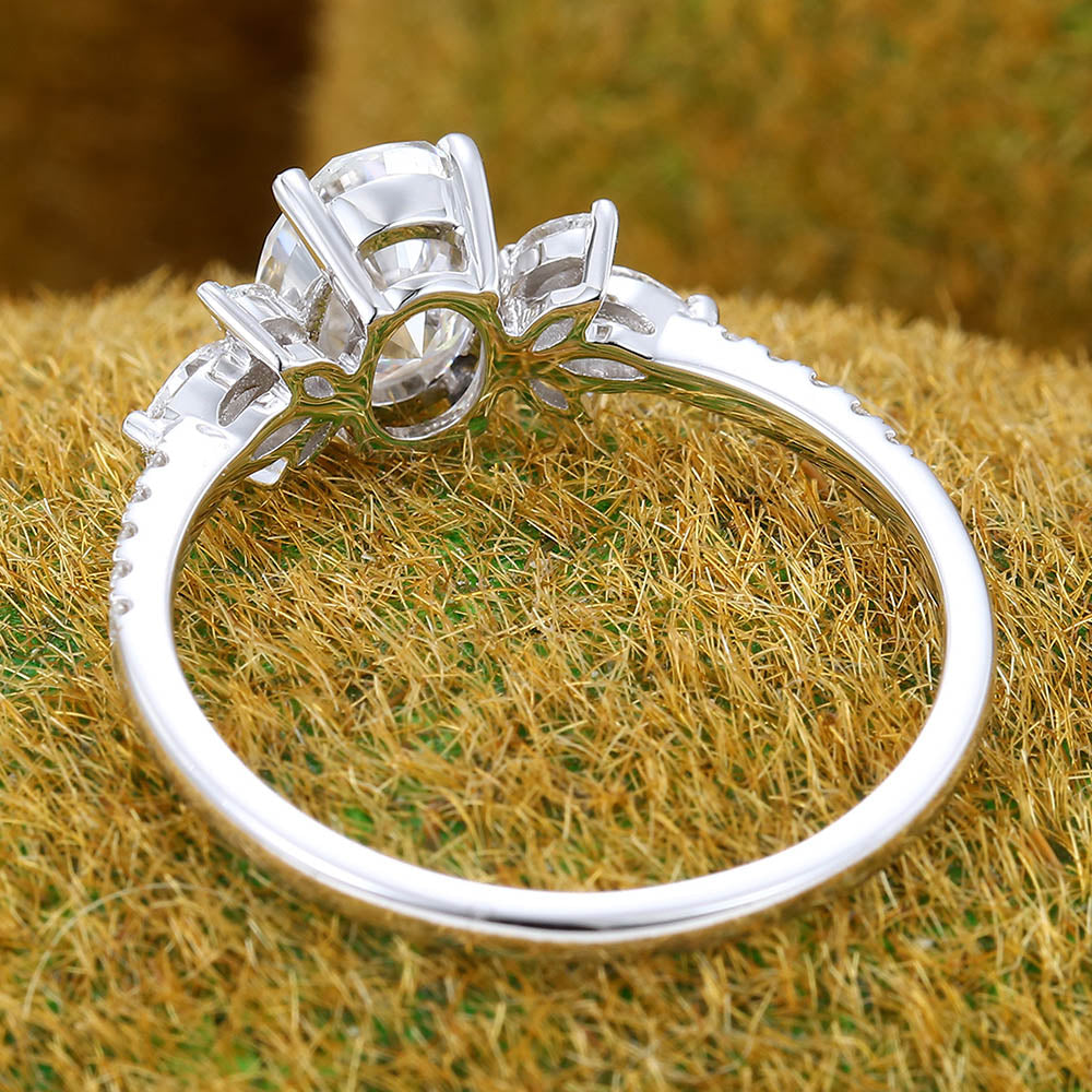 1.3CT Oval Cut Moissanite Engagement Ring with Marquise Cluster & Half Eternity Pavé Band