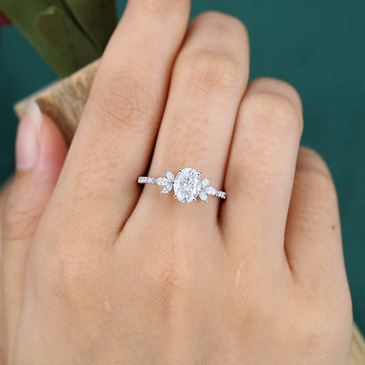 1.3CT Oval Cut Moissanite Engagement Ring with Marquise Cluster & Half Eternity Pavé Band