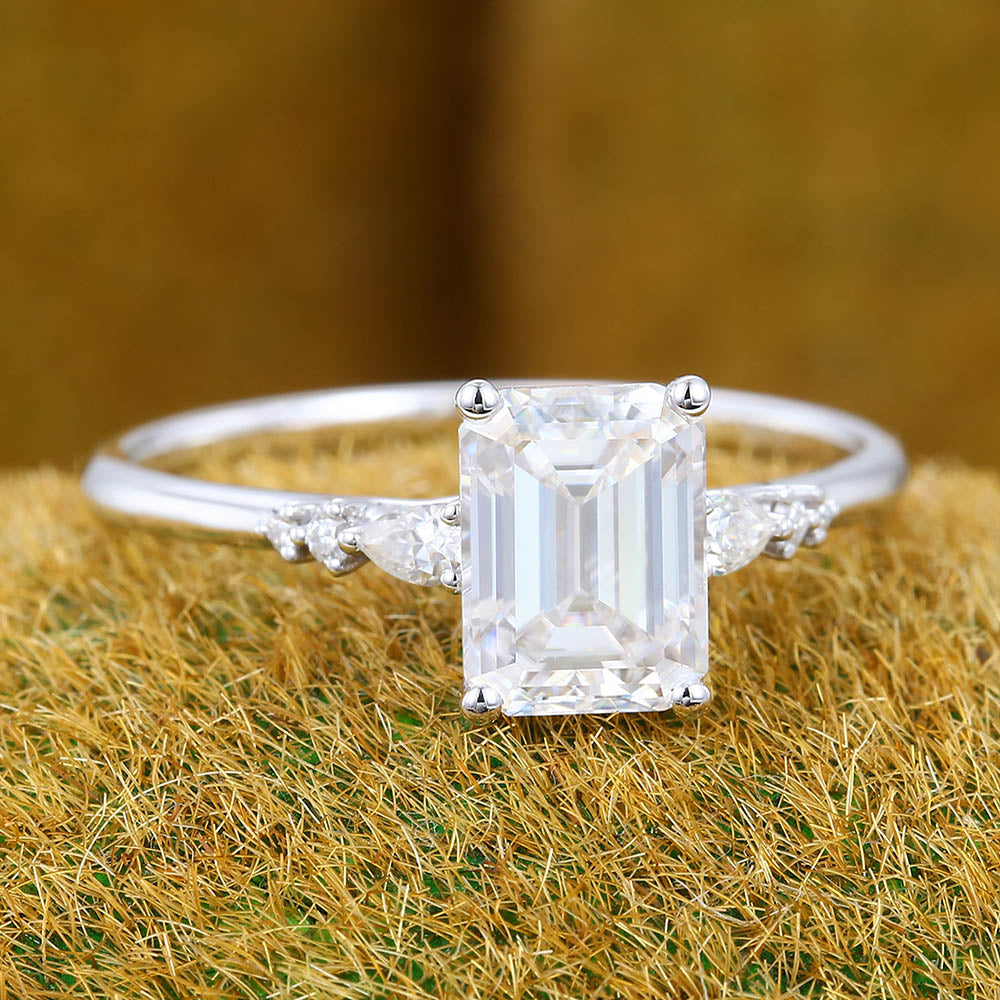 1.5CT Emerald Cut Moissanite Engagement Ring with Pear Accents