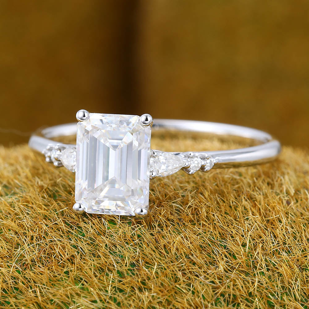 1.5CT Emerald Cut Moissanite Engagement Ring with Pear Accents