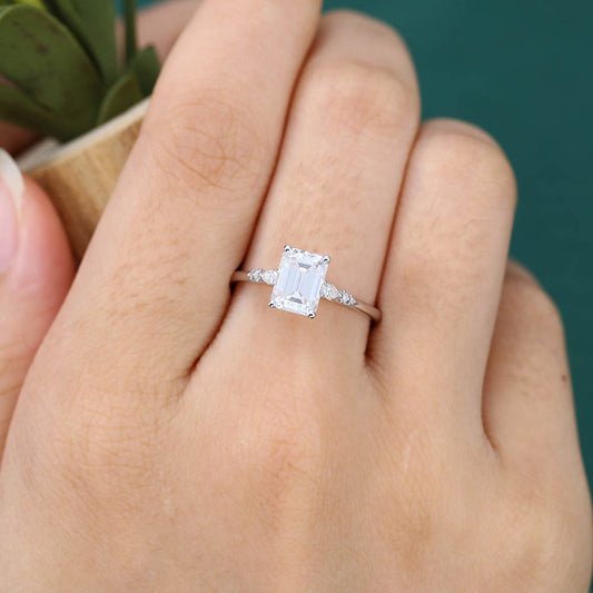 1.5CT Emerald Cut Moissanite Engagement Ring with Pear Accents