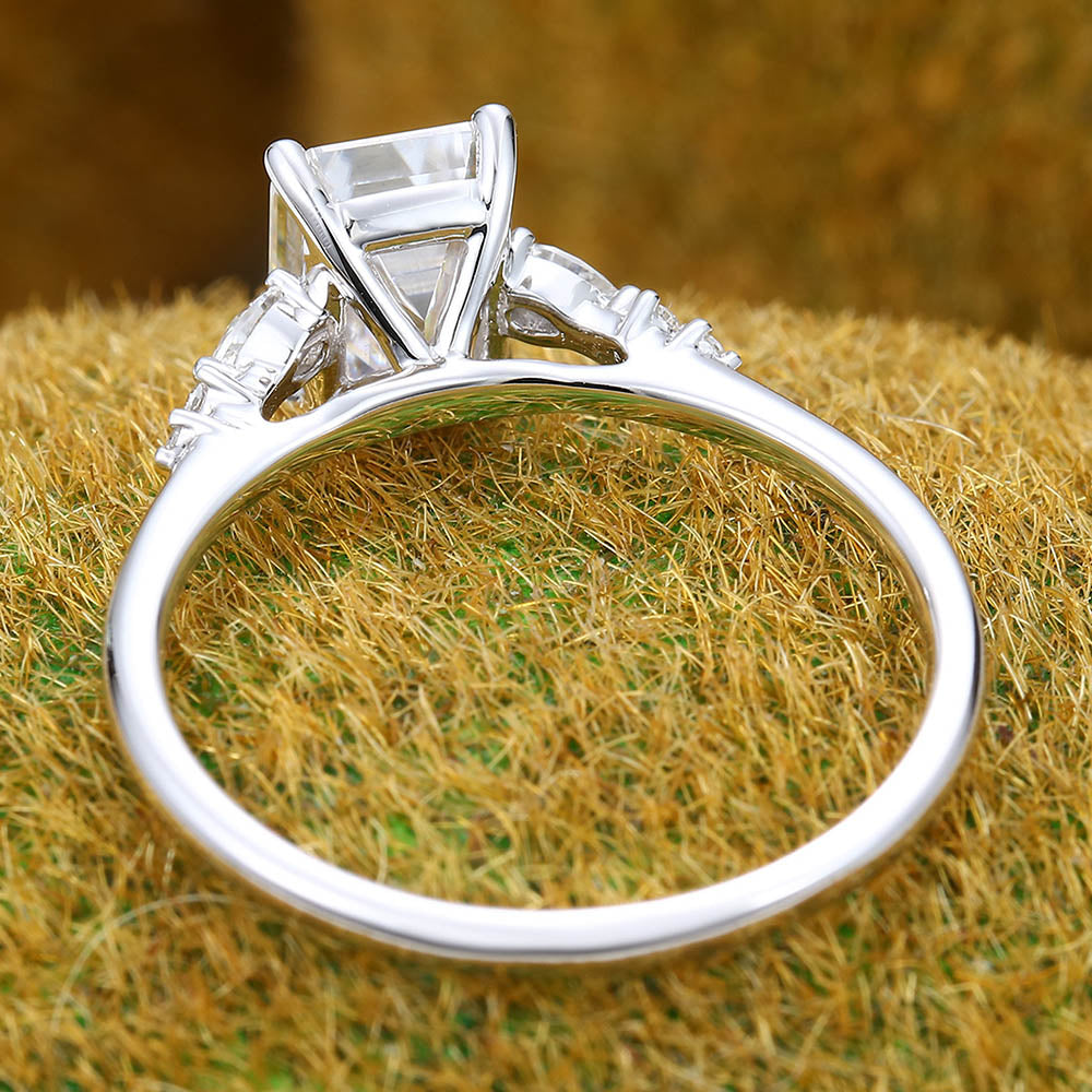 1.5CT Emerald Cut Moissanite Engagement Ring with Pear Accents