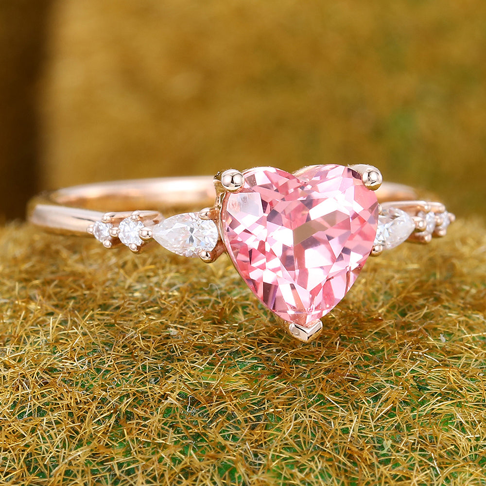 Romantic Heart Cut Pink Sapphire Engagement Ring with Pear Accents