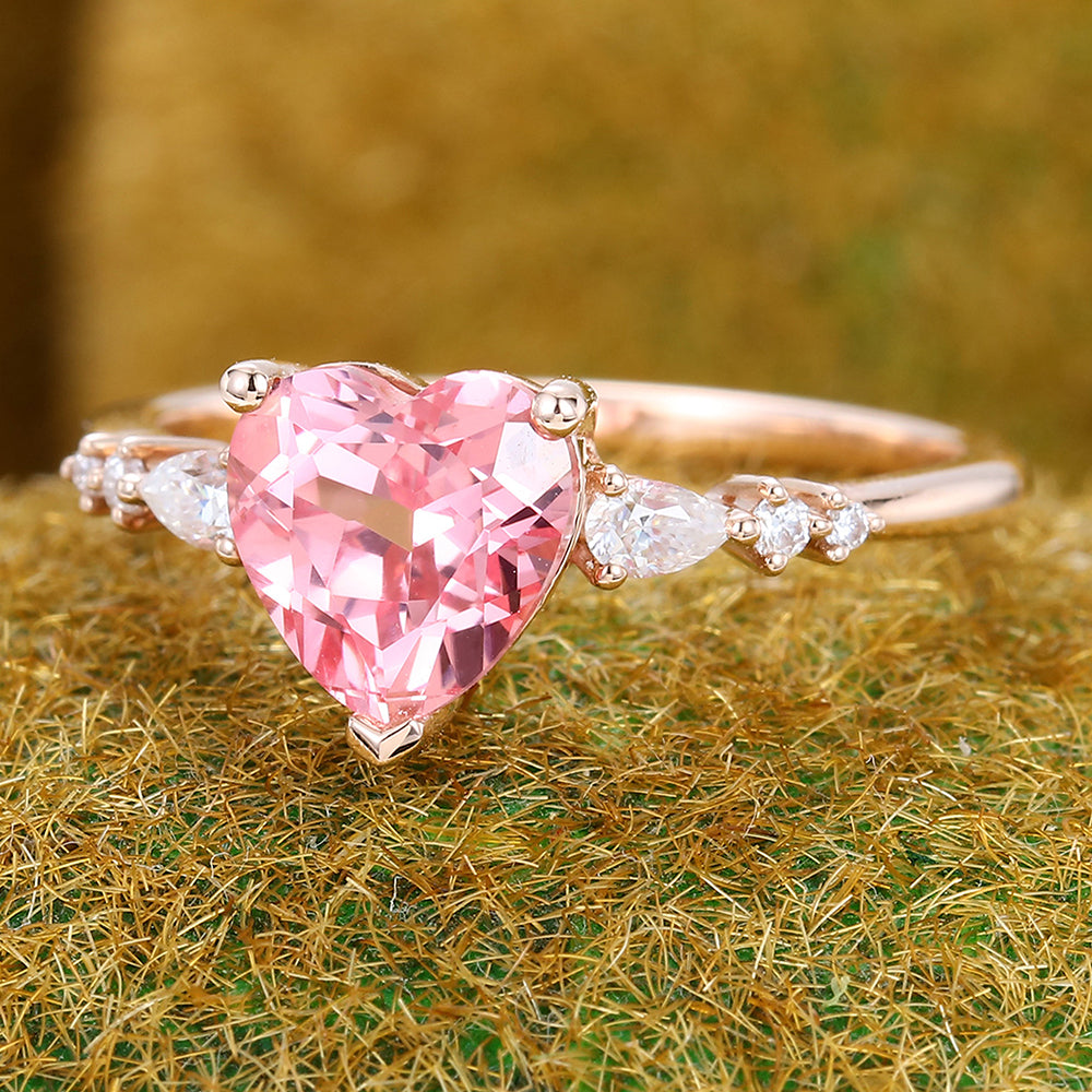 Romantic Heart Cut Pink Sapphire Engagement Ring with Pear Accents