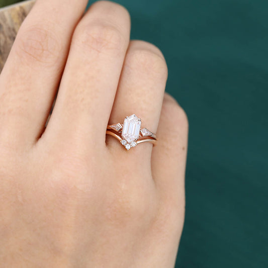 Elongated Hexagon Moissanite engagement ring set Unique rose gold engagement ring Kite cut curved ring Wedding Promise Anniversary ring
