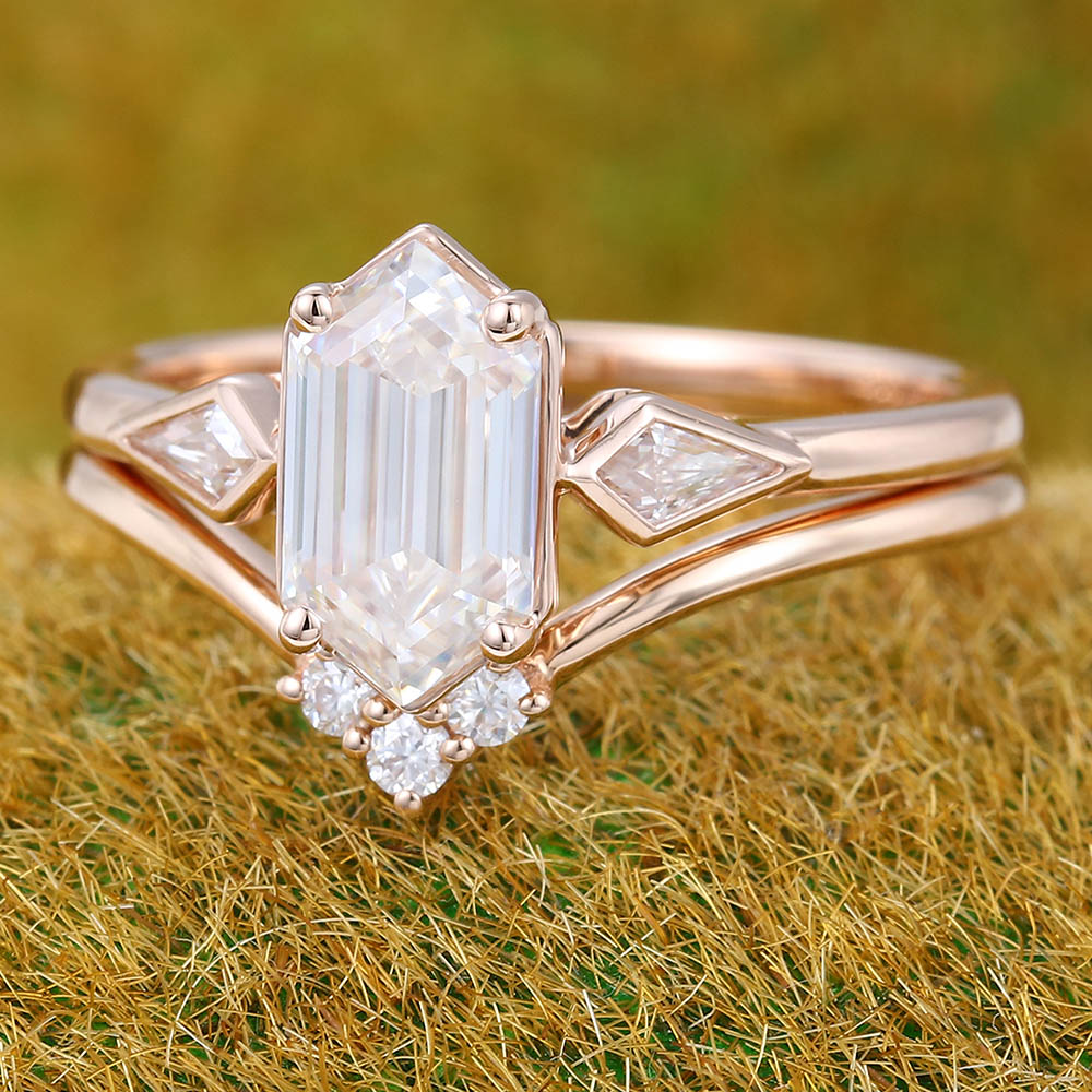 Elongated Hexagon Moissanite engagement ring set Unique rose gold engagement ring Kite cut curved ring Wedding Promise Anniversary ring