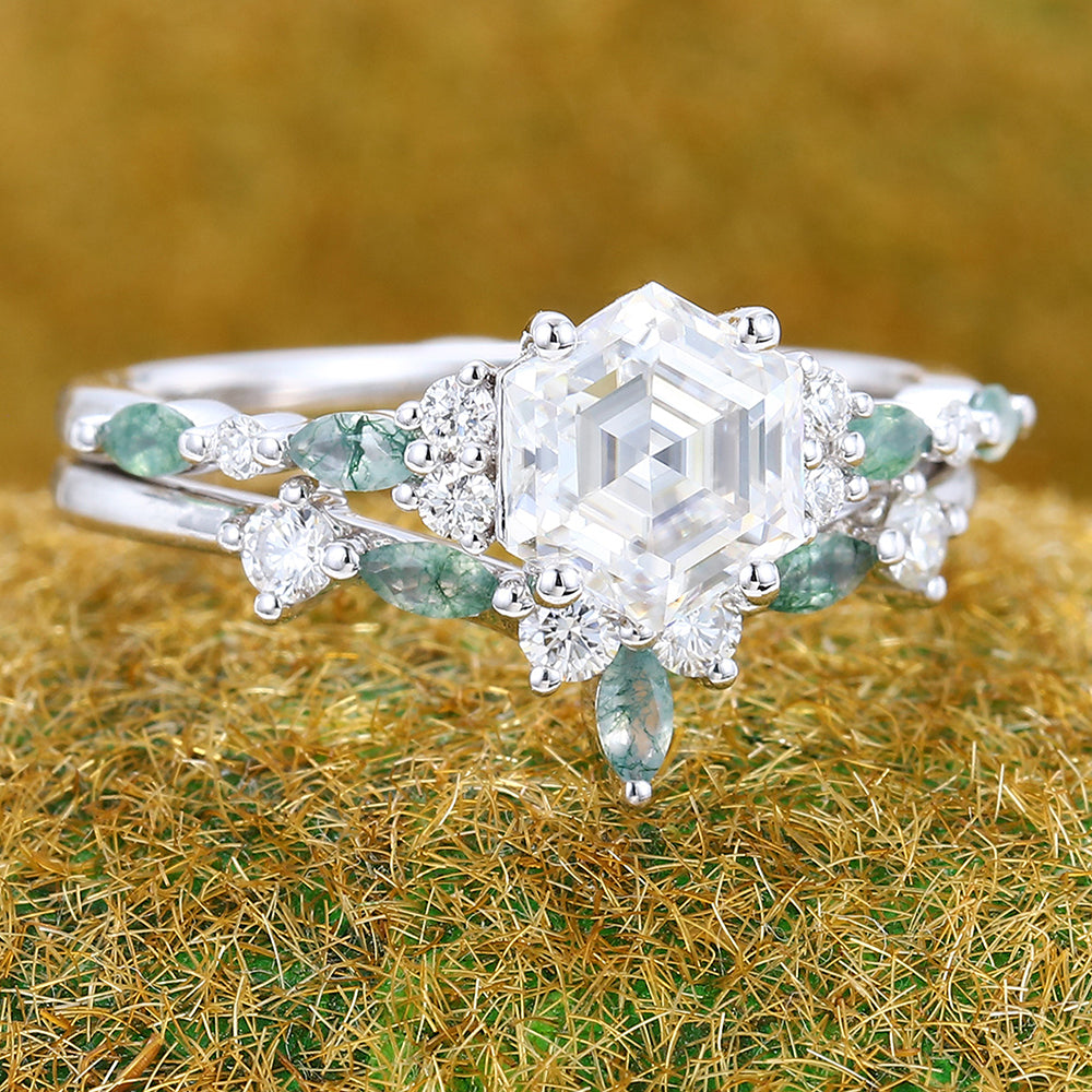 1CT Hexagon Cut Moissanite Engagement Ring Set with Moss Agate Accents
