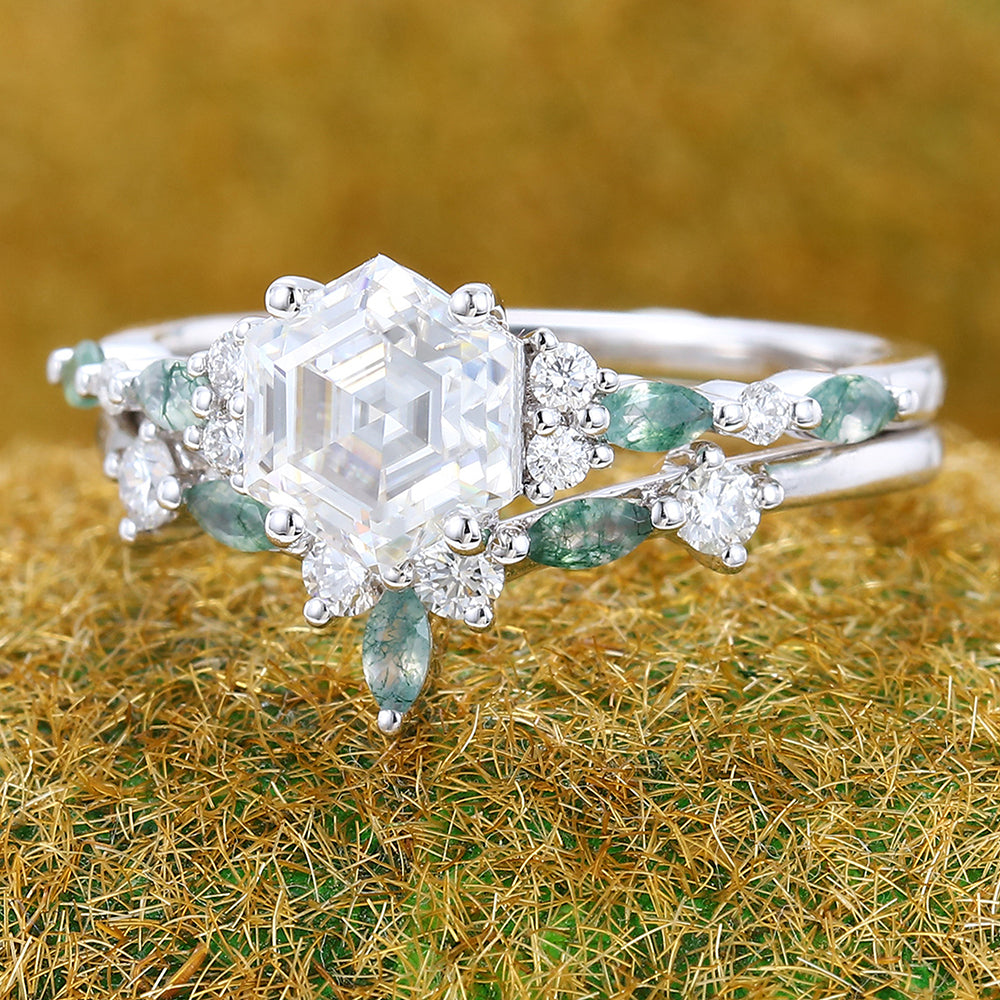 1CT Hexagon Cut Moissanite Engagement Ring Set with Moss Agate Accents