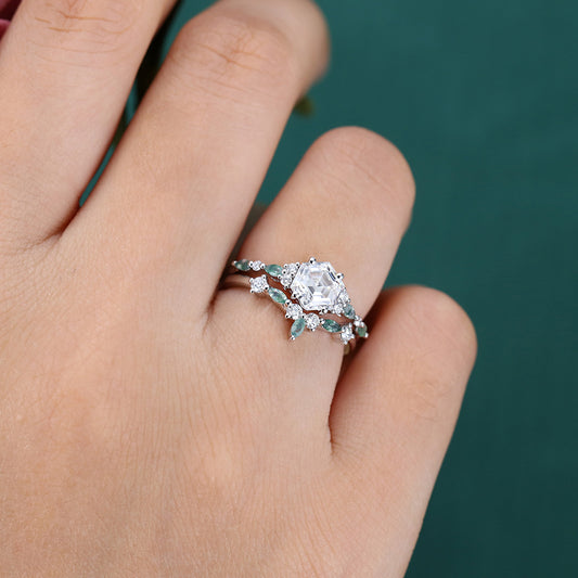1CT Hexagon Cut Moissanite Engagement Ring Set with Moss Agate Accents