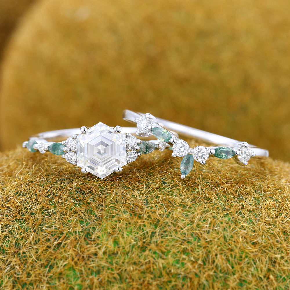 1CT Hexagon Cut Moissanite Engagement Ring Set with Moss Agate Accents