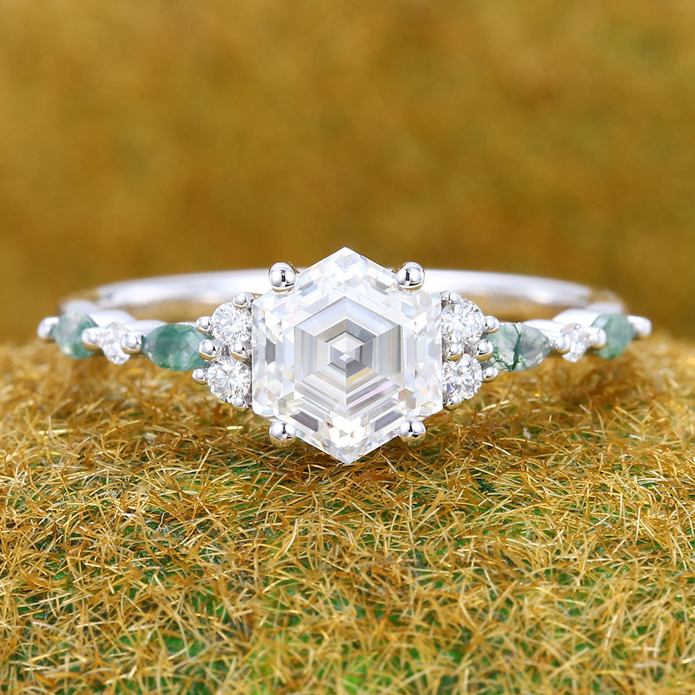 1CT Hexagon Cut Moissanite Engagement Ring with Nature-Inspired Accents