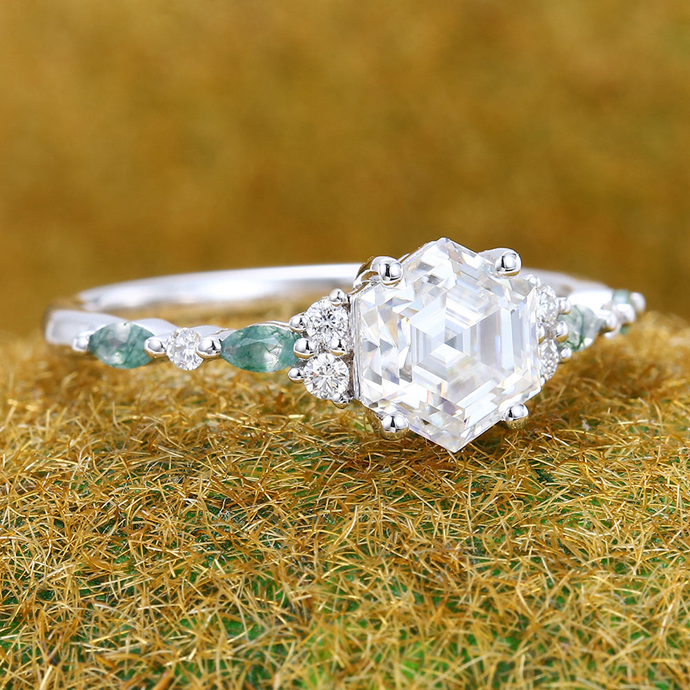 1CT Hexagon Cut Moissanite Engagement Ring with Nature-Inspired Accents