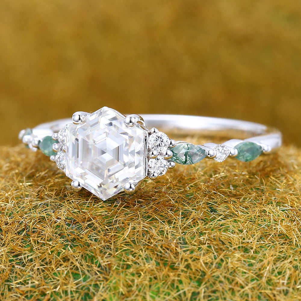 1CT Hexagon Cut Moissanite Engagement Ring with Nature-Inspired Accents