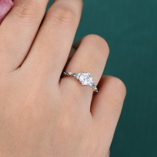 1CT Hexagon Cut Moissanite Engagement Ring with Nature-Inspired Accents