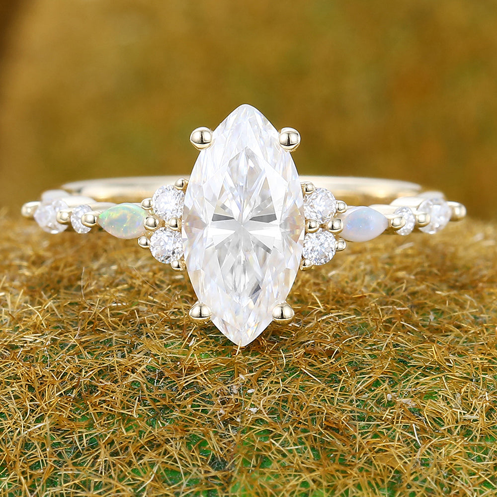 1CT Marquise Cut Moissanite Engagement Ring with Opal & Moissanite Cluster Accents