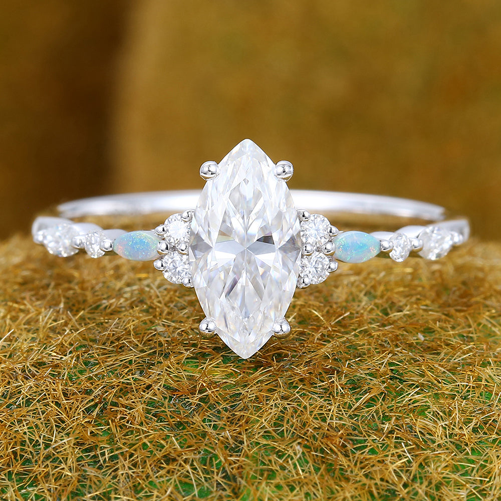 1CT Marquise Cut Moissanite Engagement Ring with Opal & Moissanite Cluster Accents