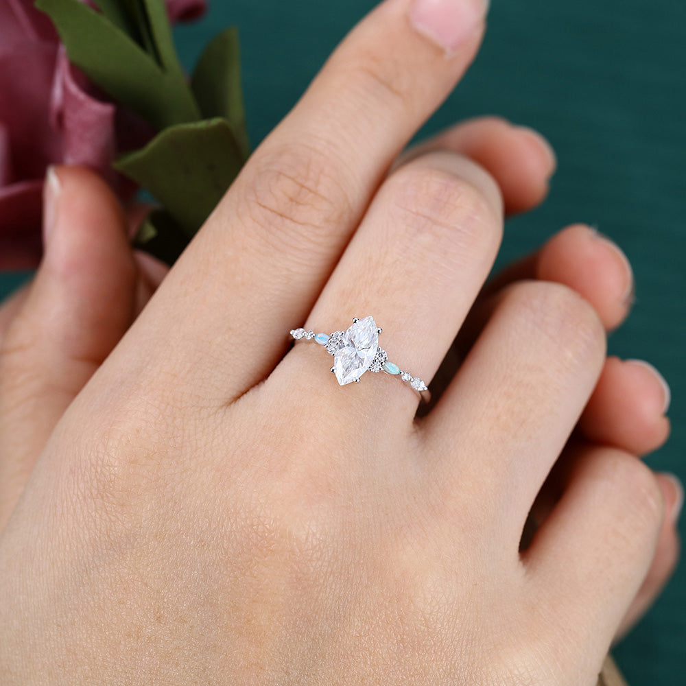 1CT Marquise Cut Moissanite Engagement Ring with Opal & Moissanite Cluster Accents