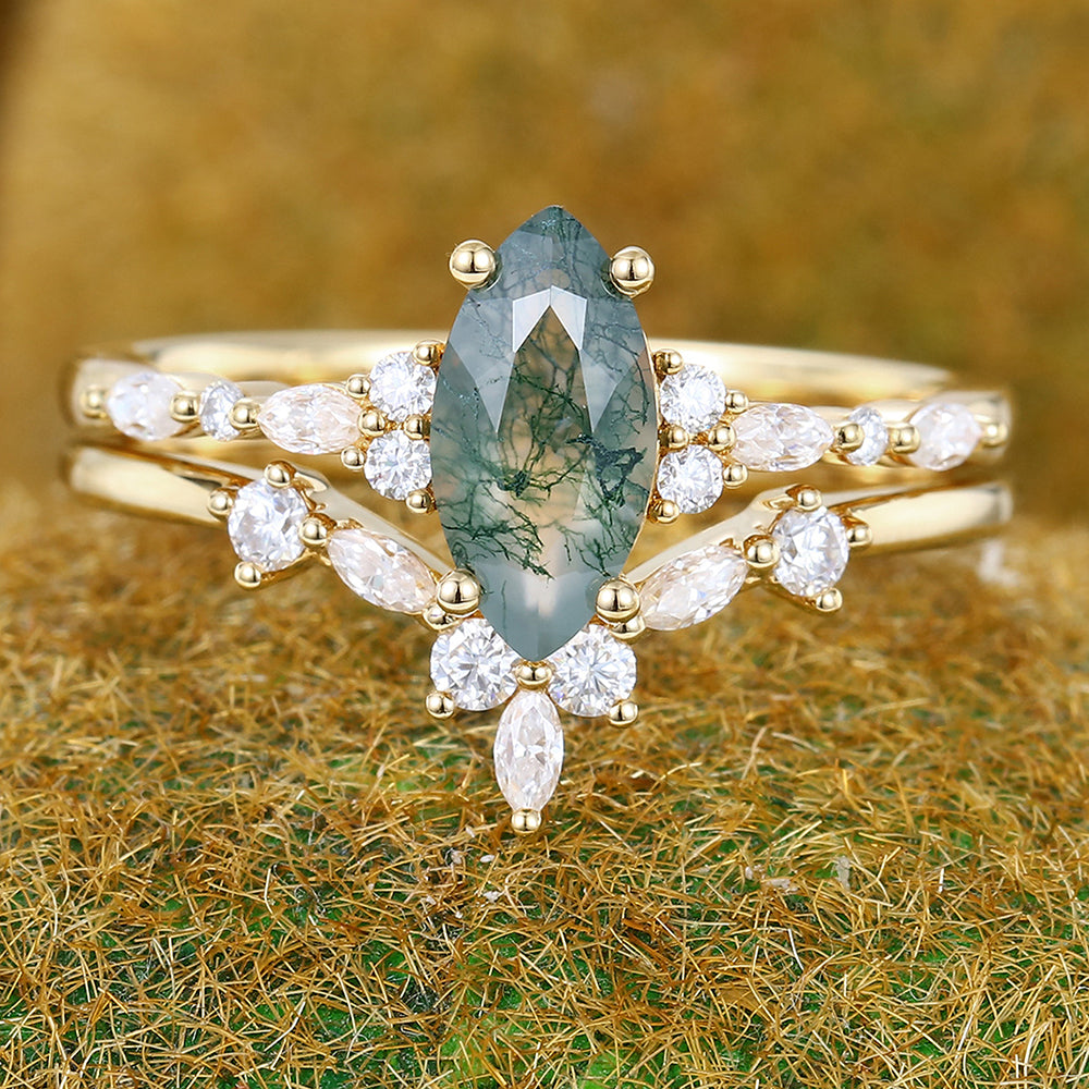 1CT Marquise Cut Moss Agate Engagement Ring Set with Moissanite Cluster Accents