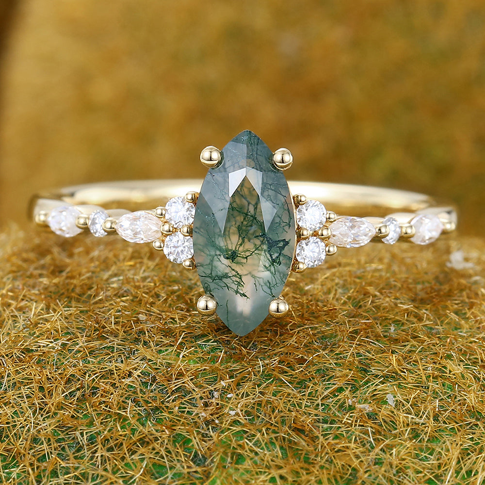 1CT Marquise Cut Moss Agate Engagement Ring with Moissanite Cluster Accents