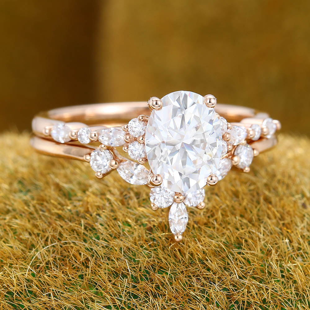 Oval Moissanite engagement ring set vintage Unique rose gold bridal set Antique Marquise Diamond ring set Promise Anniversary ring for women
