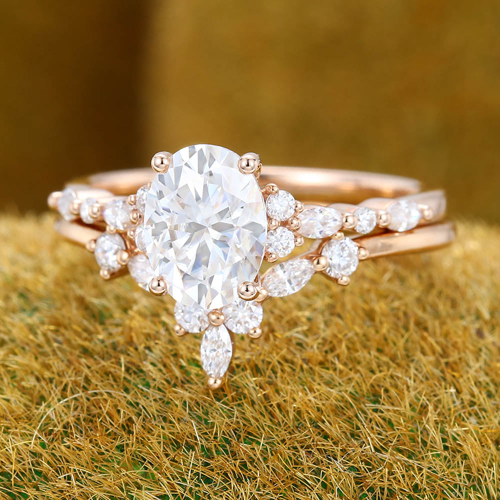 Oval Moissanite engagement ring set vintage Unique rose gold bridal set Antique Marquise Diamond ring set Promise Anniversary ring for women