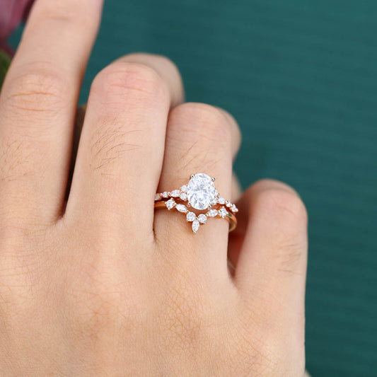 Oval Moissanite engagement ring set vintage Unique rose gold bridal set Antique Marquise Diamond ring set Promise Anniversary ring for women
