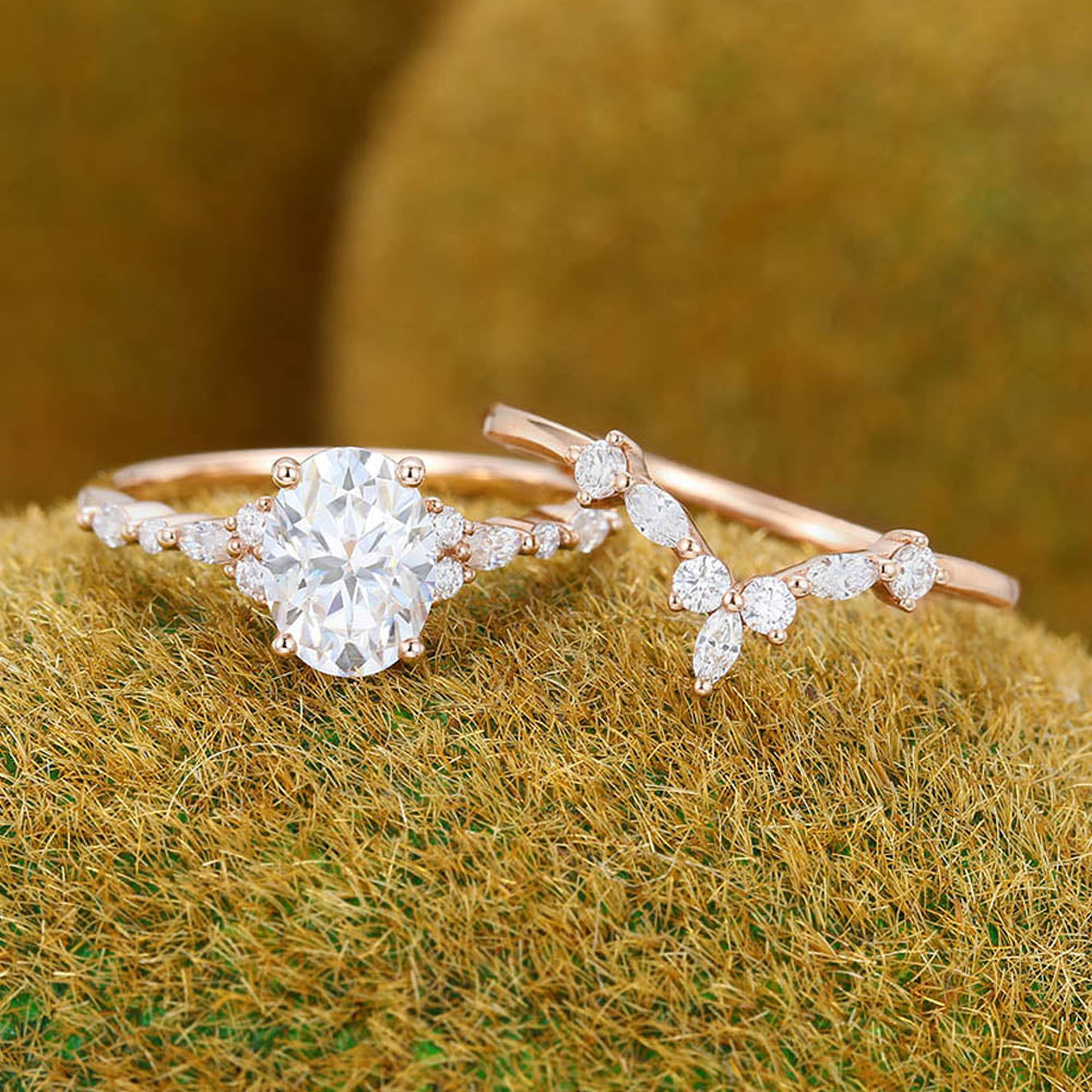 Oval Moissanite engagement ring set vintage Unique rose gold bridal set Antique Marquise Diamond ring set Promise Anniversary ring for women