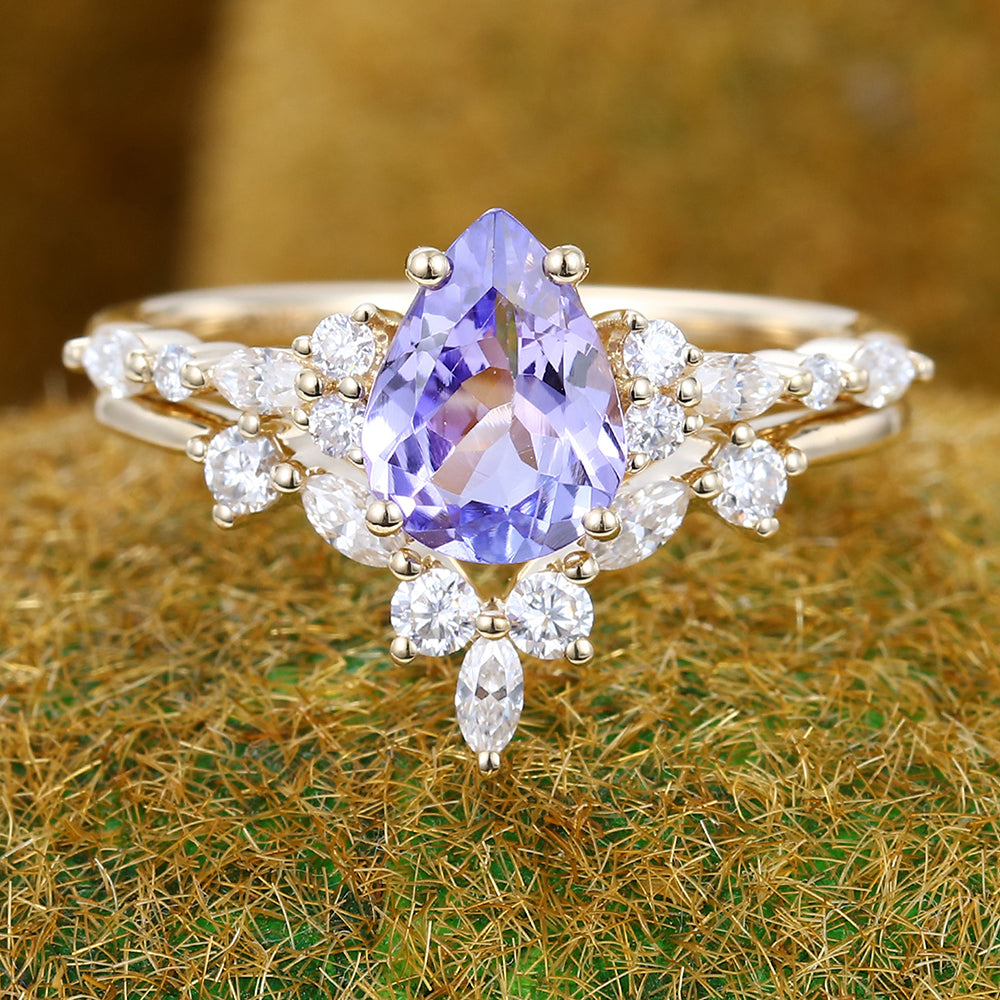 1CT Pear Cut Tanzanite Engagement Ring Set with Marquise & Round Cluster Accents