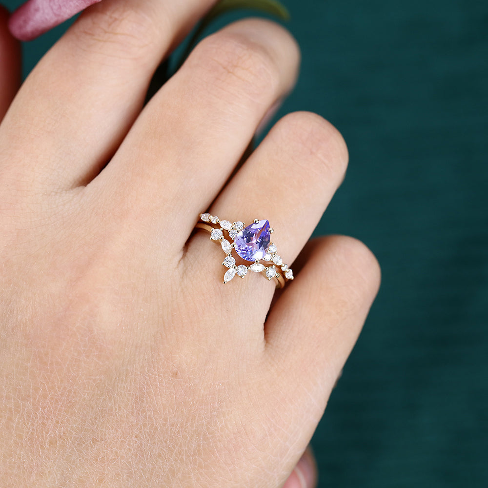 1CT Pear Cut Tanzanite Engagement Ring Set with Marquise & Round Cluster Accents