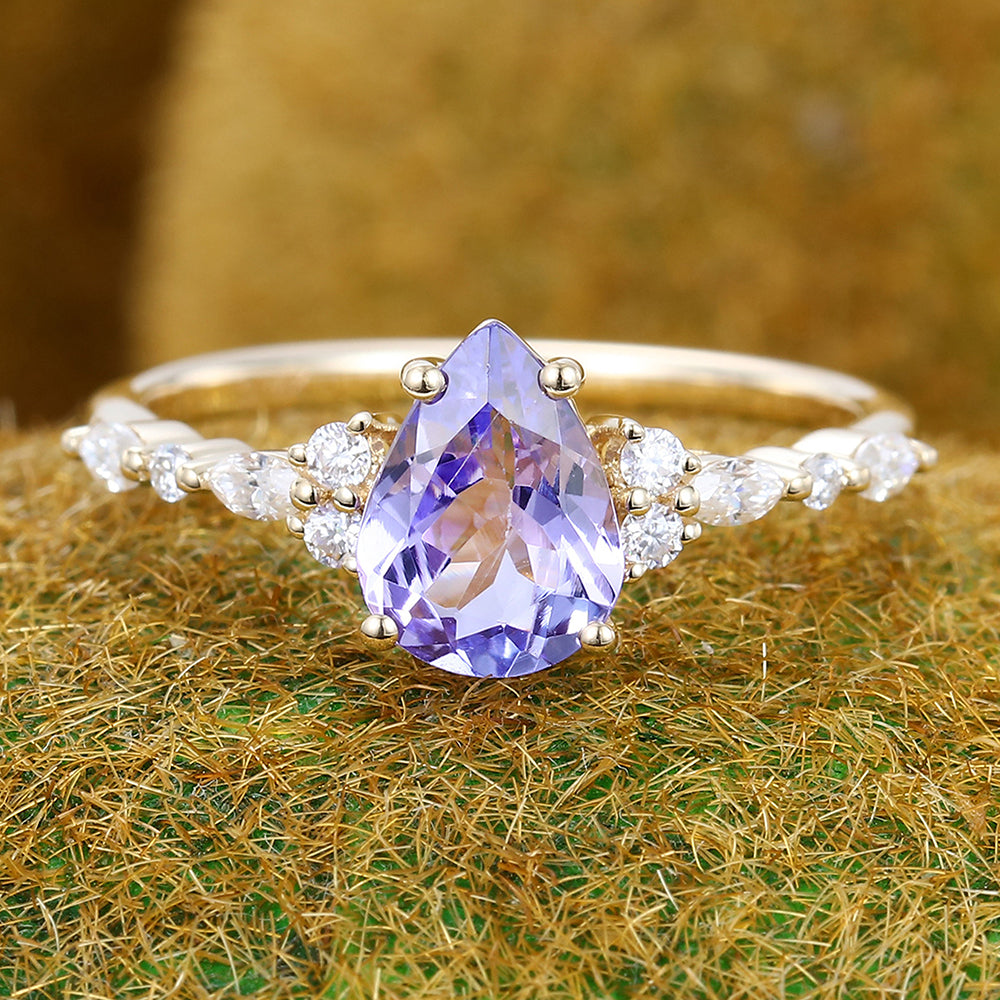 1CT Pear Cut Tanzanite Engagement Ring with Marquise & Round Cluster