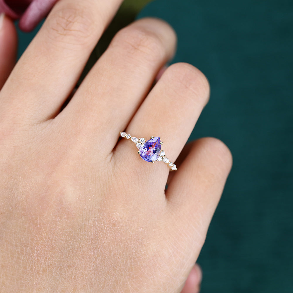 1CT Pear Cut Tanzanite Engagement Ring with Marquise & Round Cluster