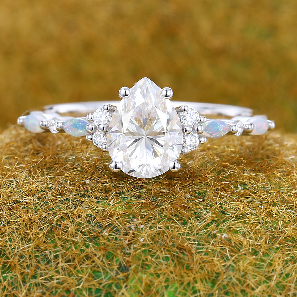 1CT Pear Shaped Moissanite Engagement Ring with Opal & Moissanite Accents