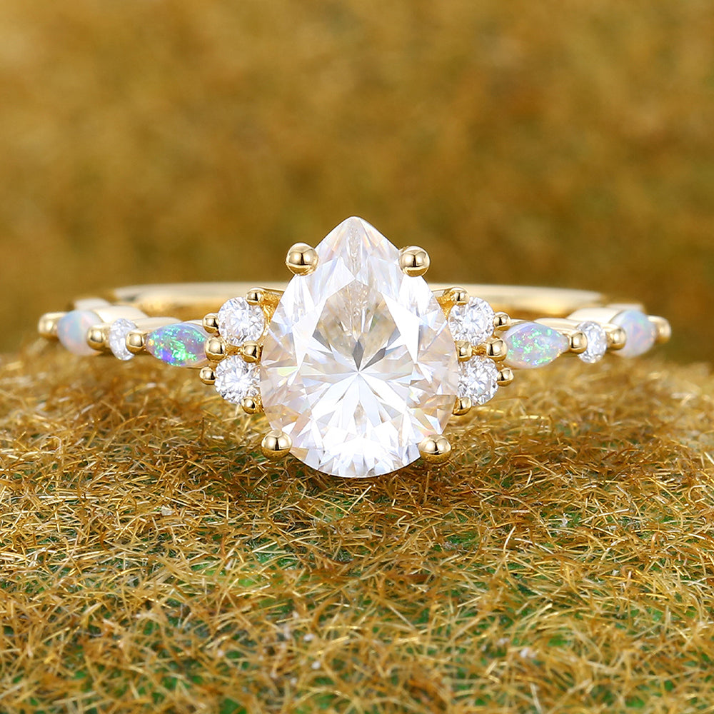 1CT Pear Shaped Moissanite Engagement Ring with Opal & Moissanite Accents