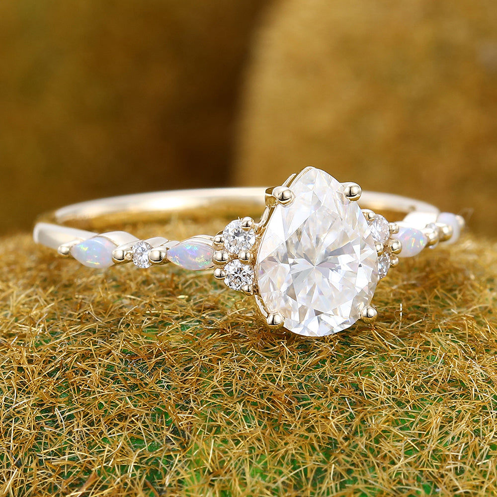 1CT Pear Shaped Moissanite Engagement Ring with Opal & Moissanite Accents