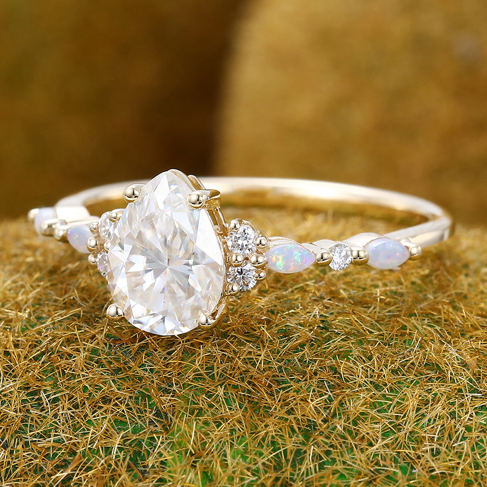 1CT Pear Shaped Moissanite Engagement Ring with Opal & Moissanite Accents