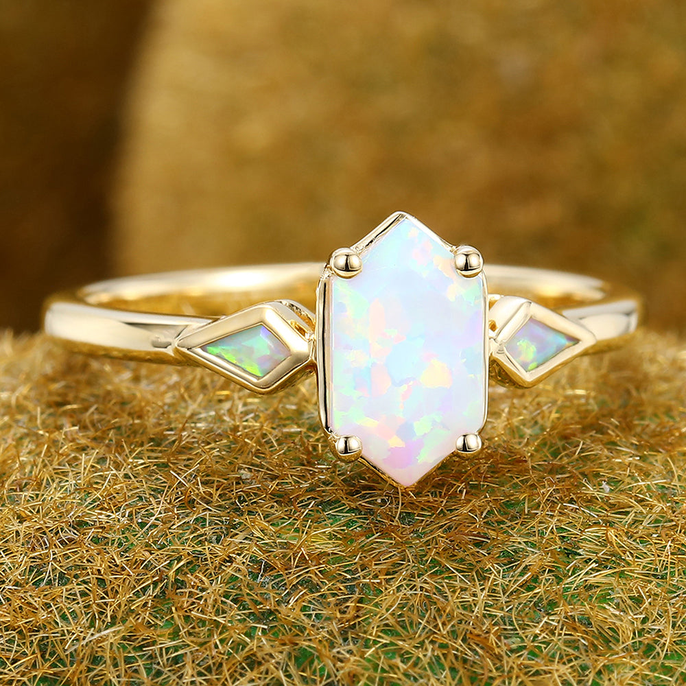 1CT Long Hexagon Cut Opal Three Stone Engagement Ring