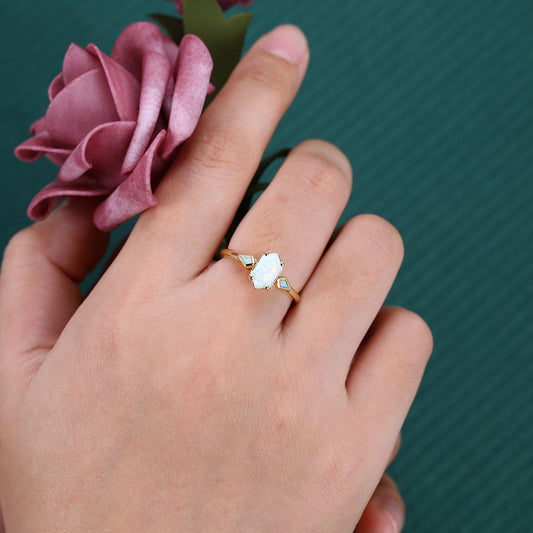 1CT Long Hexagon Cut Opal Three Stone Engagement Ring