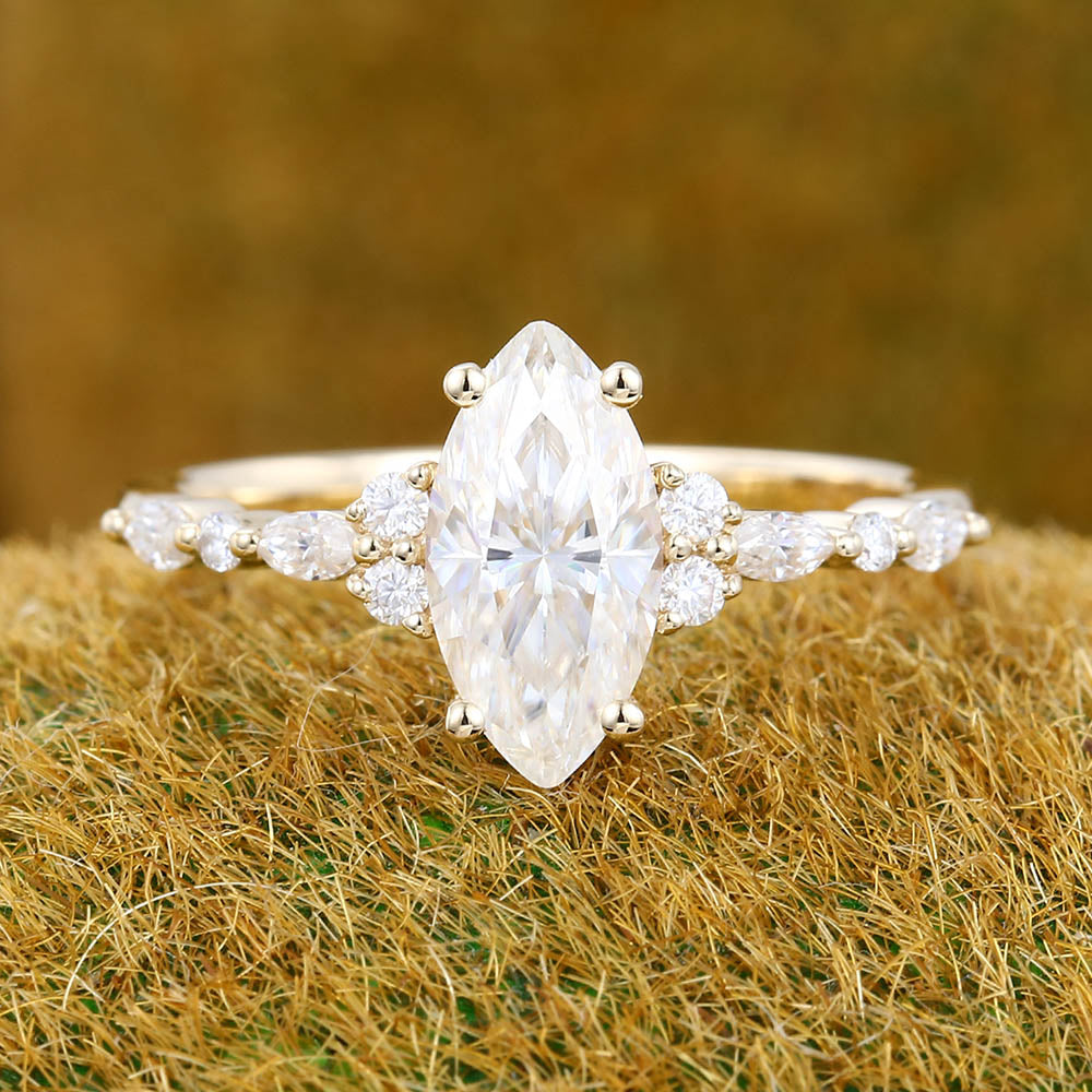 1CT Marquise Cut Moissanite Engagement Ring with Cluster Accent
