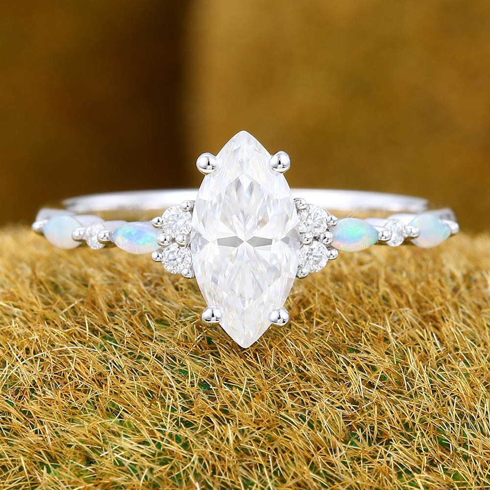 1CT Marquise Cut Moissanite Engagement Ring with Opal & Moissanite Accents
