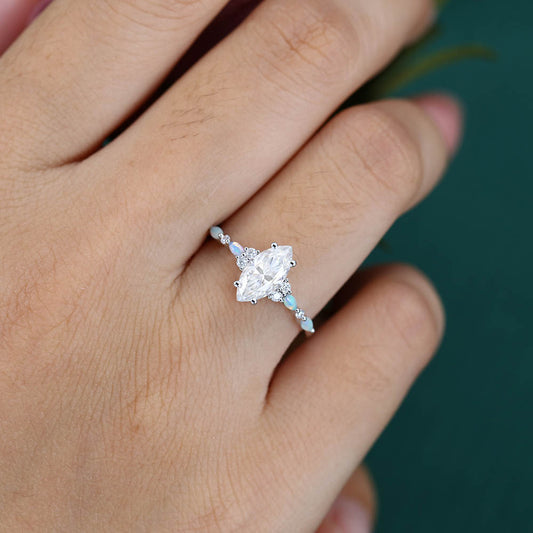 1CT Marquise Cut Moissanite Engagement Ring with Opal & Moissanite Accents