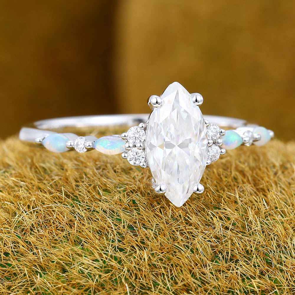 1CT Marquise Cut Moissanite Engagement Ring with Opal & Moissanite Accents