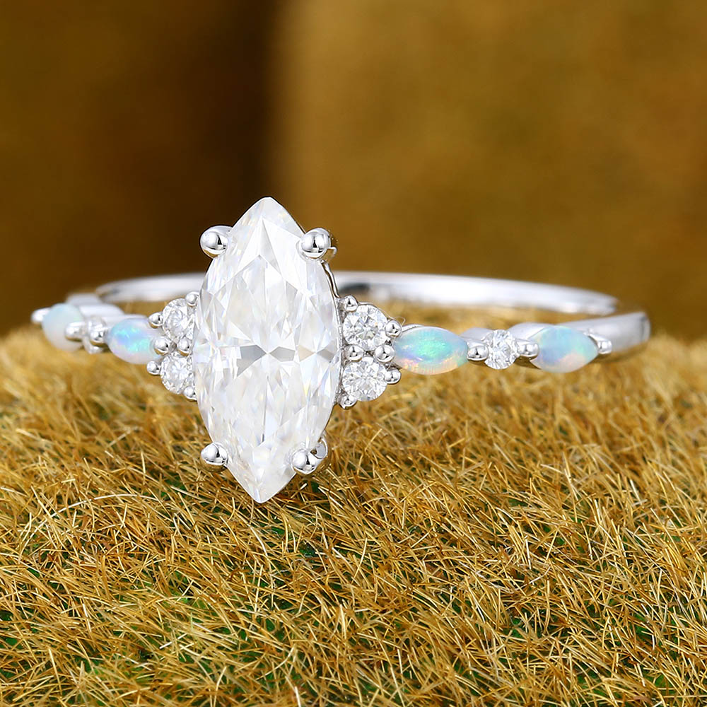 1CT Marquise Cut Moissanite Engagement Ring with Opal & Moissanite Accents
