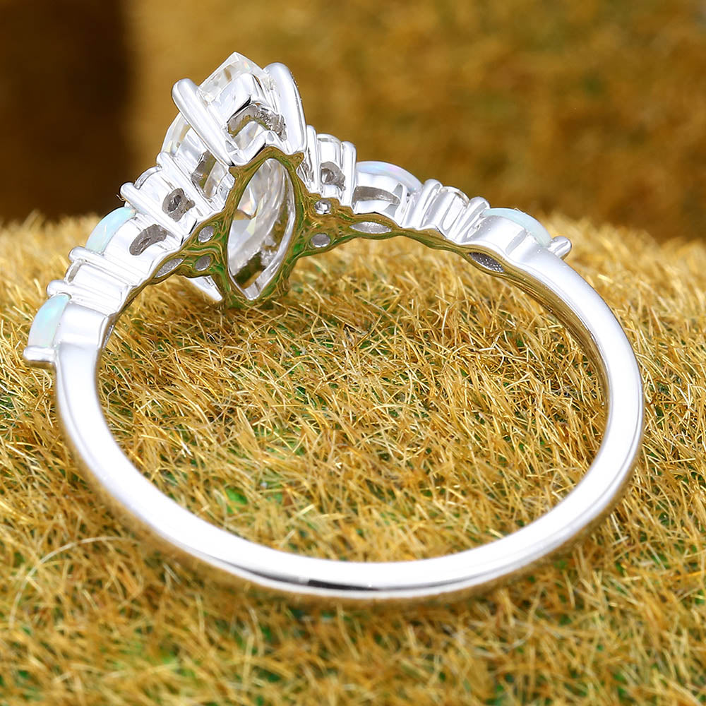 1CT Marquise Cut Moissanite Engagement Ring with Opal & Moissanite Accents