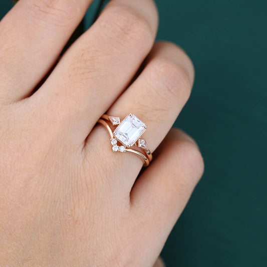 1.6CT Emerald Cut Moissanite Engagement Ring Set with Unique Kite & Round Accents